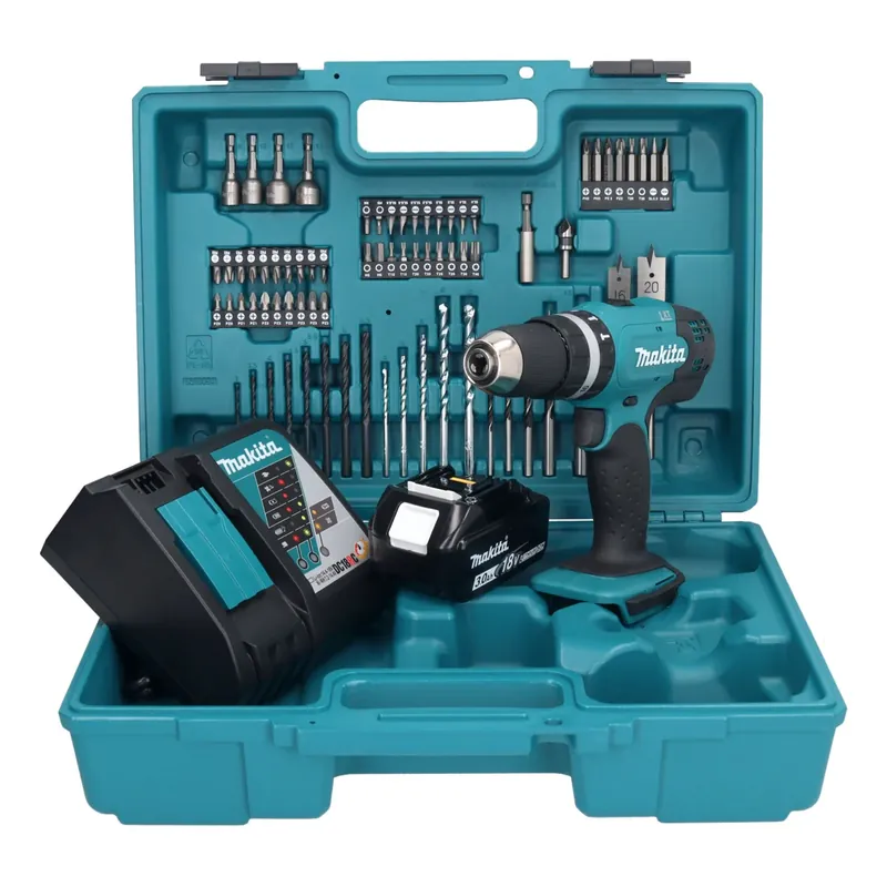 Must-Have Makita DHP 453 RF1X1 Akku Schlagbohrschrauber 18 V 42 Nm + 1x Akku 3,0 Ah + Ladegerät + 74 tlg. Zubehörset + Koffer