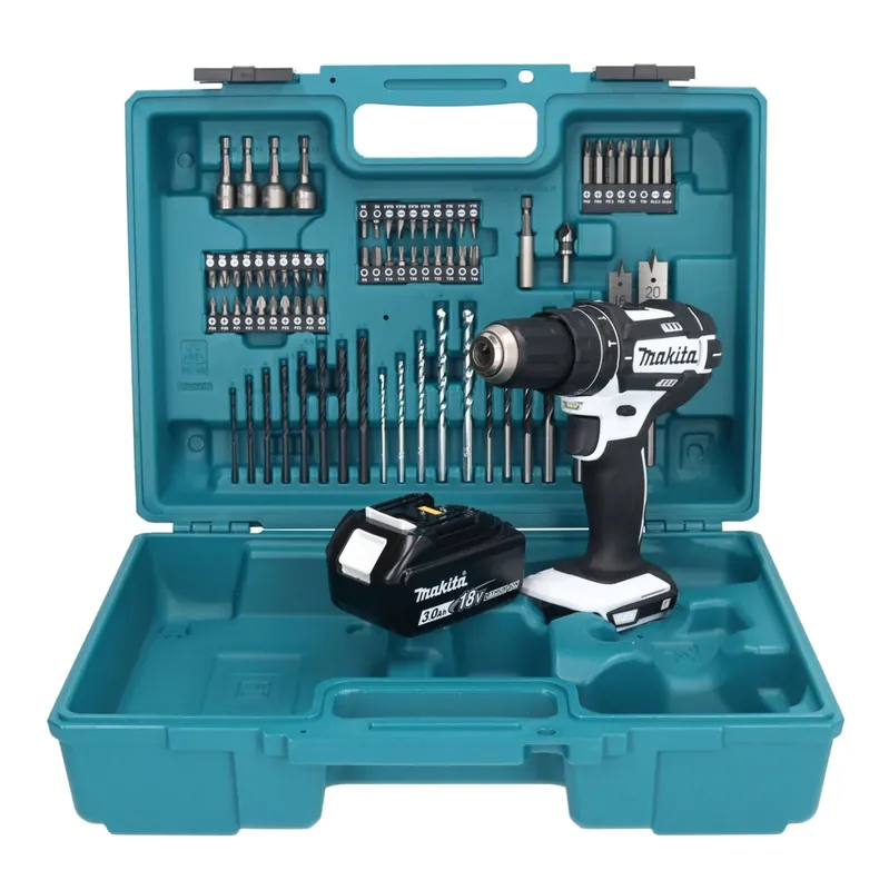 Highlight Makita DHP 482 F1X1W Akku Schlagbohrschrauber 18 V 62 Nm + 1x Akku 3,0 Ah + 74 tlg. Zubehörset + Koffer - ohne Ladegerät