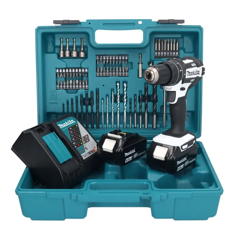 Makita DHP 482 RGX1W Akku Schlagbohrschrauber 18 V 62 Nm + 2x Akku 6,0 Ah + Ladegerät + 74 tlg. Zubehörset + Koffer Garantierte Lieferung