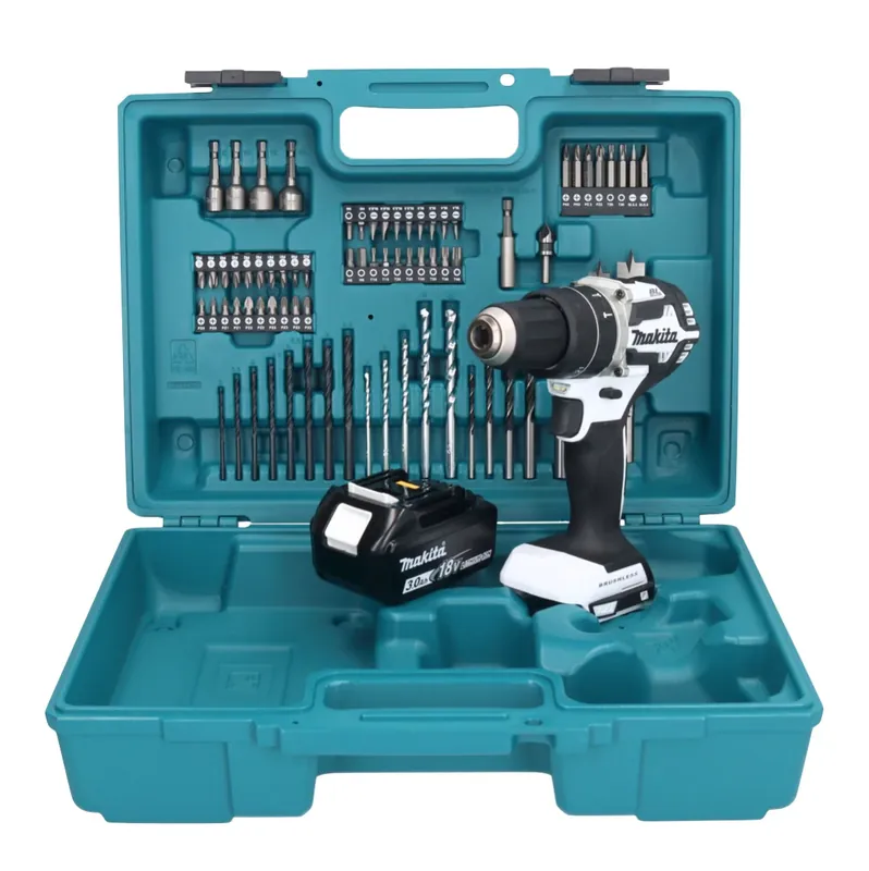 Highlight Makita DHP 484 F1X1W Akku Schlagbohrschrauber 18 V 54 Nm Brushless Weiß + 1x Akku 3,0 Ah + 74 tlg. Zubehörset + Koffer - ohne Ladegerät