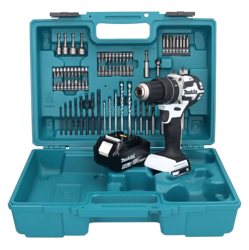 Makita DHP 484 T1X1W Akku Schlagbohrschrauber 18 V 54 Nm Brushless Weiß + 1x Akku 5,0 Ah + 74 tlg. Zubehörset + Koffer - ohne Ladegerät Meistverkauft