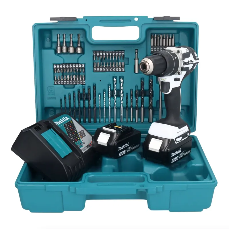 Heißes Angebot Makita DHP 484 RTX1W Akku Schlagbohrschrauber 18 V 54 Nm Brushless Weiß + 2x Akku 5,0 Ah + Ladegerät + 74 tlg. Zubehörset + Koffer