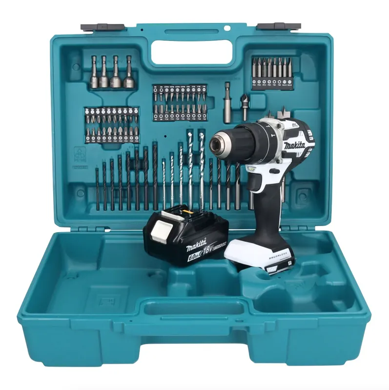 Makita DHP 484 G1X1W Akku Schlagbohrschrauber 18 V 54 Nm Brushless Weiß + 1x Akku 6,0 Ah + 74 tlg. Zubehörset + Koffer - ohne Ladegerät Abverkauf