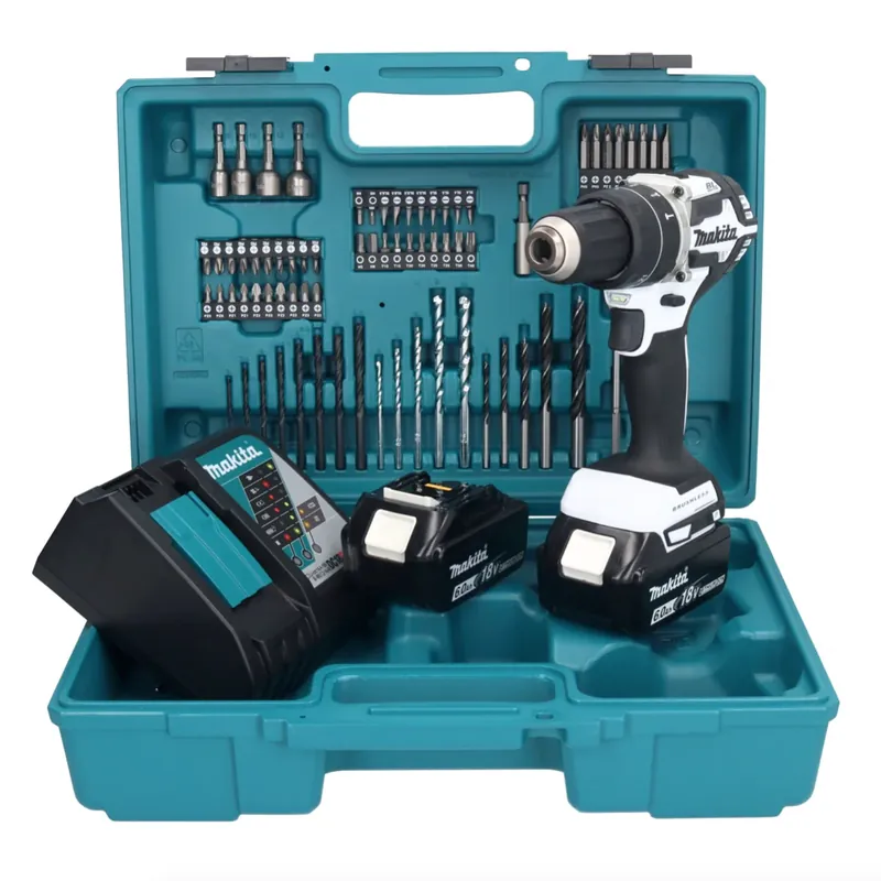 Makita DHP 484 RGX1W Akku Schlagbohrschrauber 18 V 54 Nm Brushless Weiß + 2x Akku 6,0 Ah + Ladegerät + 74 tlg. Zubehörset + Koffer Echt