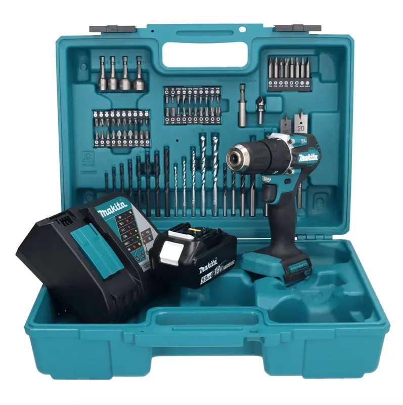 Makita DHP 487 RT1X1 Akku Schlagbohrschrauber 18 V 40 Nm Brushless + 1x Akku 5,0 Ah + Ladegerät + 74 tlg. Zubehörset + Koffer Neu