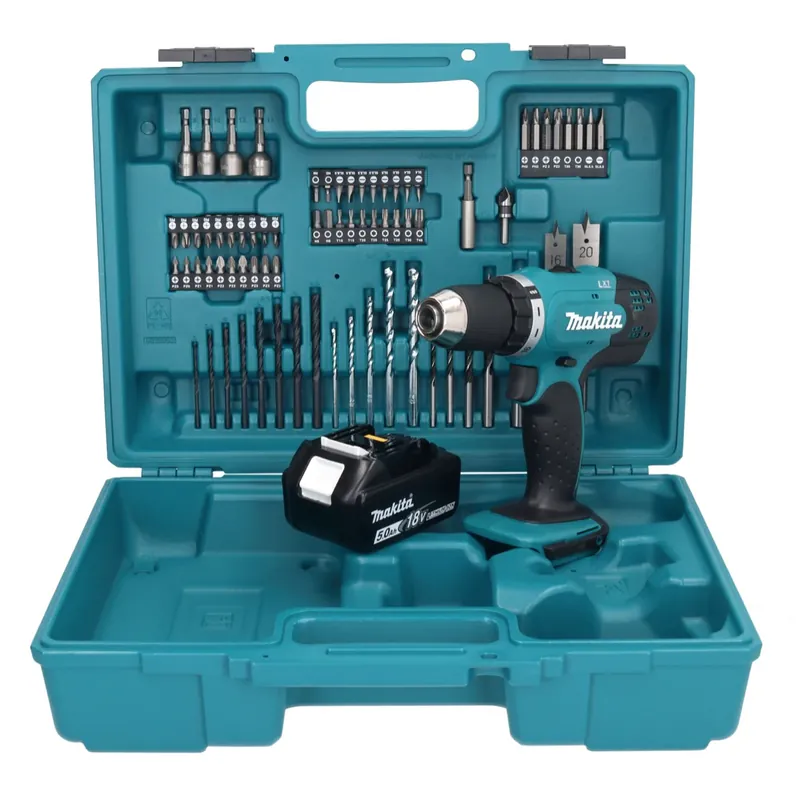 Bestseller Makita DDF 453 T1X1 Akku Bohrschrauber 18 V 42 Nm + 1x Akku 5,0 Ah + 74 tlg. Zubehörset + Koffer - ohne Ladegerät