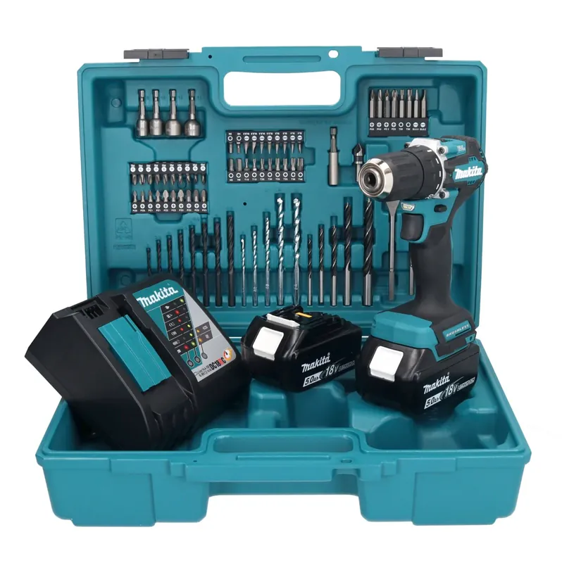 Makita DDF 487 RTX1 Akku Bohrschrauber 18 V 40 Nm Brushless + 2x Akku 5,0 Ah + Ladegerät + 74 tlg. Zubehörset + Koffer Sonderangebot