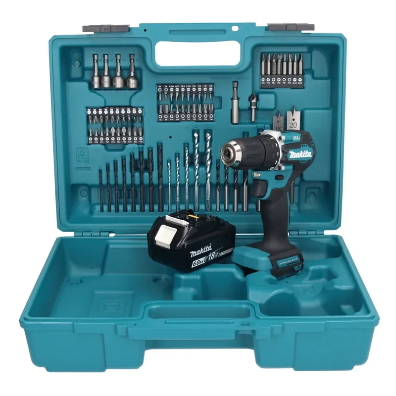 Makita DDF 487 G1X1 Akku Bohrschrauber 18 V 40 Nm Brushless + 1x Akku 6,0 Ah + 74 tlg. Zubehörset + Koffer - ohne Ladegerät Preisknaller