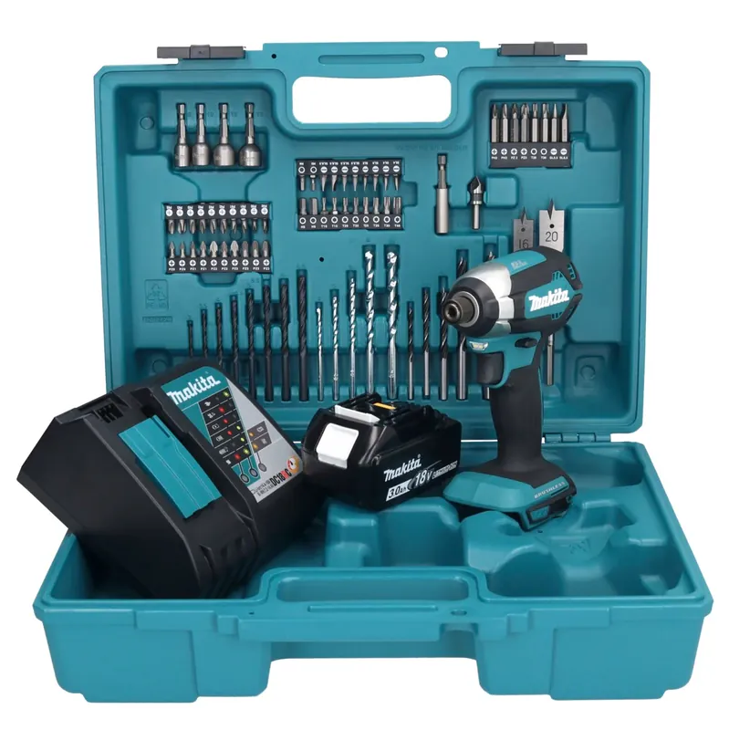 Markenware Makita DTD 153 RF1X1 Akku Schlagschrauber 18 V 170 Nm 1/4" Brushless + 1x Akku 3,0 Ah + Ladegerät + 74 tlg. Zubehörset + Koffer