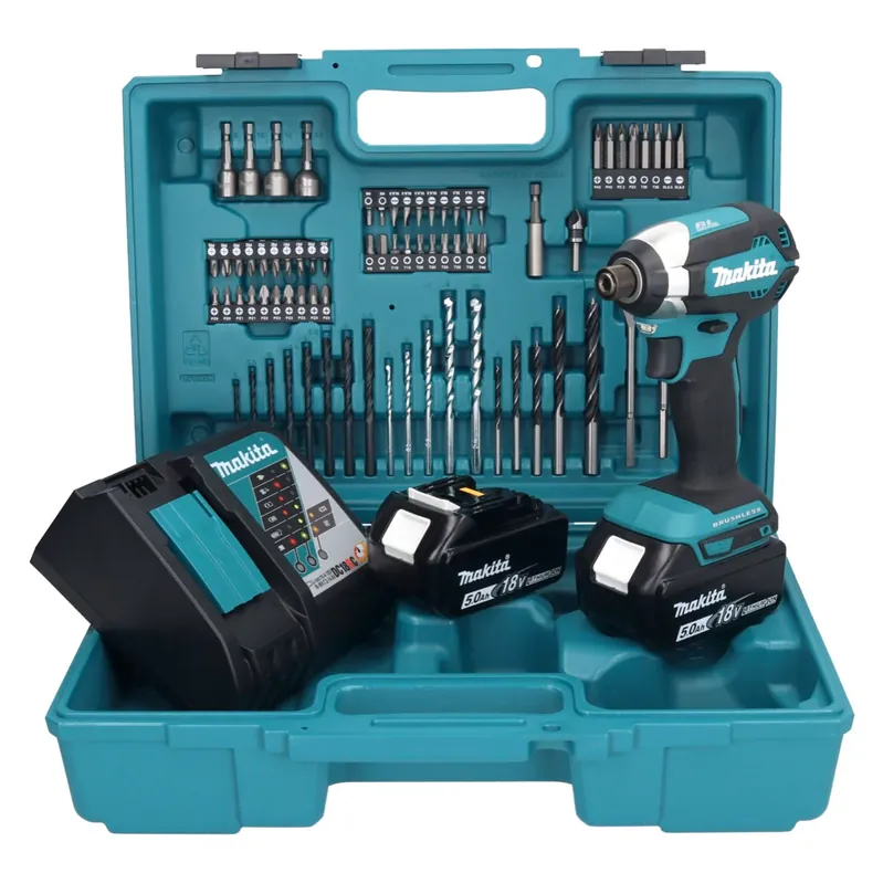 Makita DTD 153 RTX1 Akku Schlagschrauber 18 V 170 Nm 1/4" Brushless + 2x Akku 5,0 Ah + Ladegerät + 74 tlg. Zubehörset + Koffer Markenprodukt