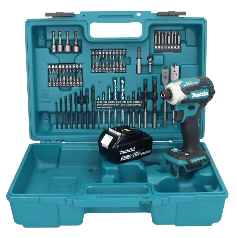 Makita DTD 171 F1X1 Akku Schlagschrauber 18 V 180 Nm 1/4" Brushless + 1x Akku 3,0 Ah + 74 tlg. Zubehörset + Koffer - ohne Ladegerät Bestpreis