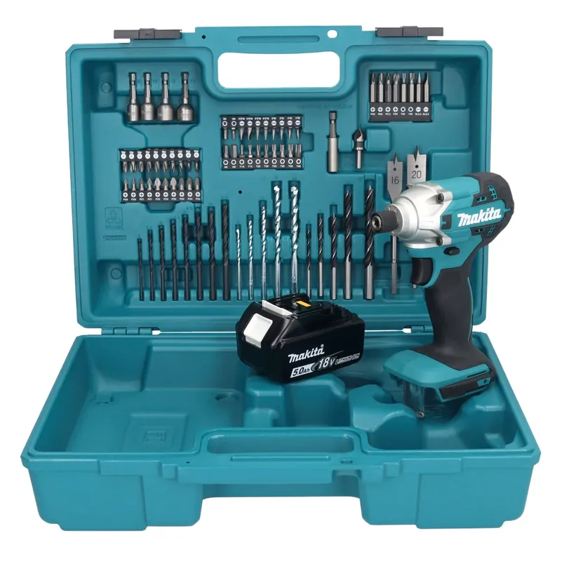 Makita DTD 156 T1X1 Akku Schlagschrauber 18 V 155 Nm 1/4" + 1x Akku 5,0 Ah + 74 tlg. Zubehörset + Koffer - ohne Ladegerät Neu
