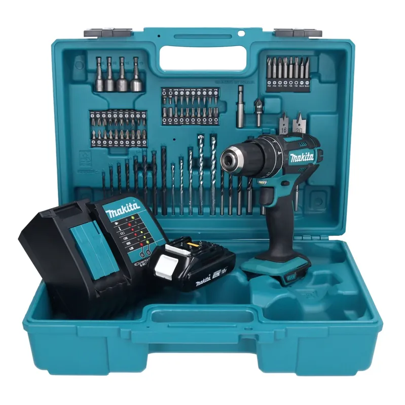 Markenprodukt Makita DHP 482 SY1X1 Akku Schlagbohrschrauber 18 V 62 Nm + 1x Akku 1,5 Ah + Ladegerät + 74 tlg. Zubehörset + Koffer