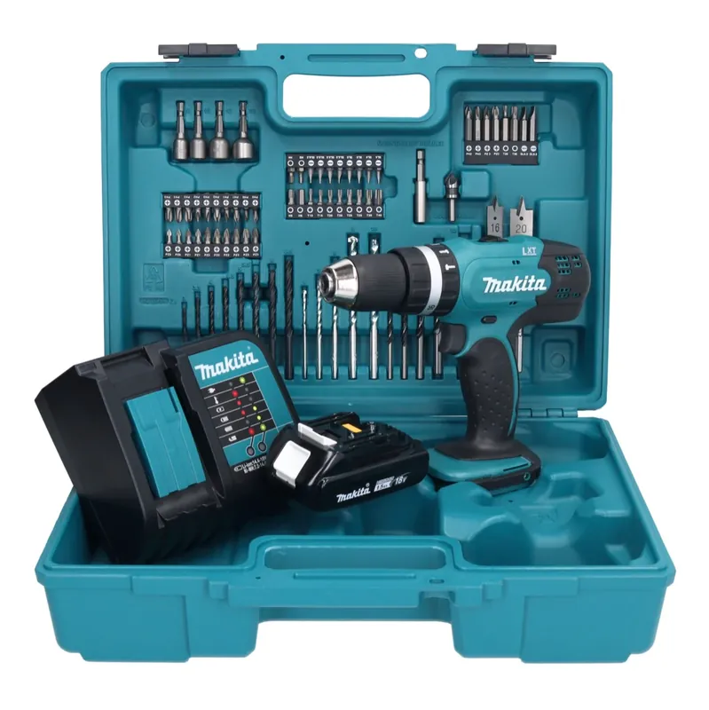 Markenprodukt Makita DHP 453 SY1X1 Akku Schlagbohrschrauber 18 V 42 Nm + 1x Akku 1,5 Ah + Ladegerät + 74 tlg. Zubehörset + Koffer