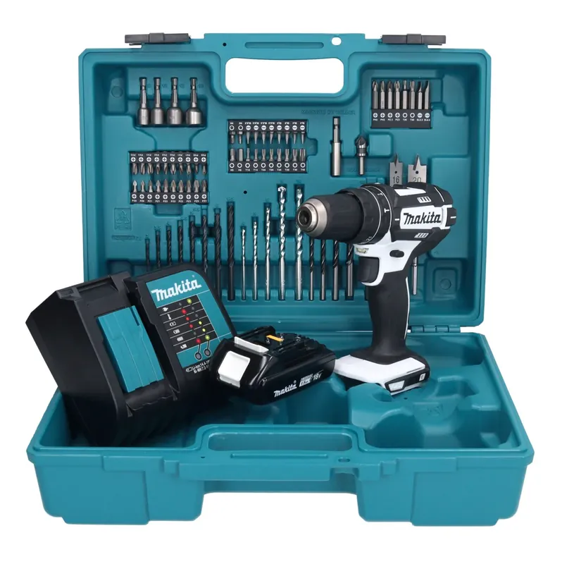 Wochenendangebot Makita DHP 482 SY1X1W Akku Schlagbohrschrauber 18 V 62 Nm + 1x Akku 1,5 Ah + Ladegerät + 74 tlg. Zubehörset + Koffer