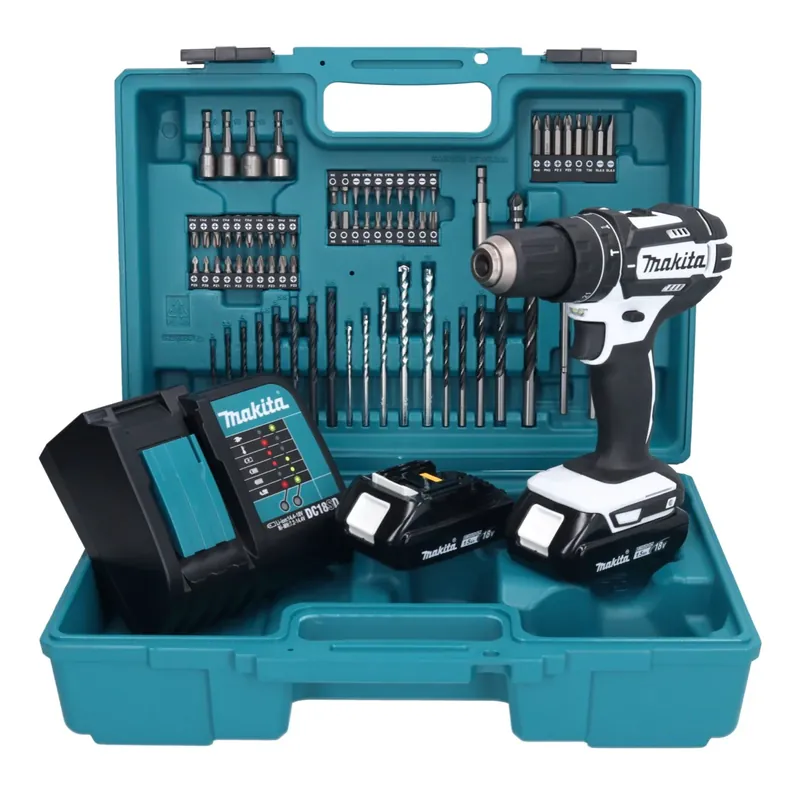 Makita DHP 482 SYX1W Akku Schlagbohrschrauber 18 V 62 Nm + 2x Akku 1,5 Ah + Ladegerät + 74 tlg. Zubehörset + Koffer Billig