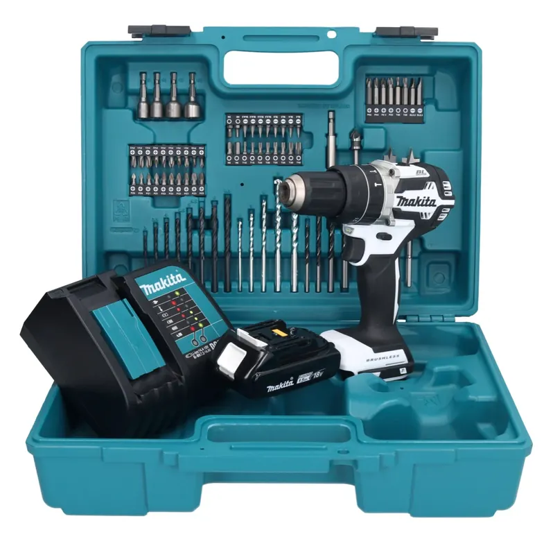 Makita DHP 484 SY1X1W Akku Schlagbohrschrauber 18 V 54 Nm Brushless Weiß + 1x Akku 1,5 Ah + Ladegerät + 74 tlg. Zubehörset + Koffer Sichere Zahlung