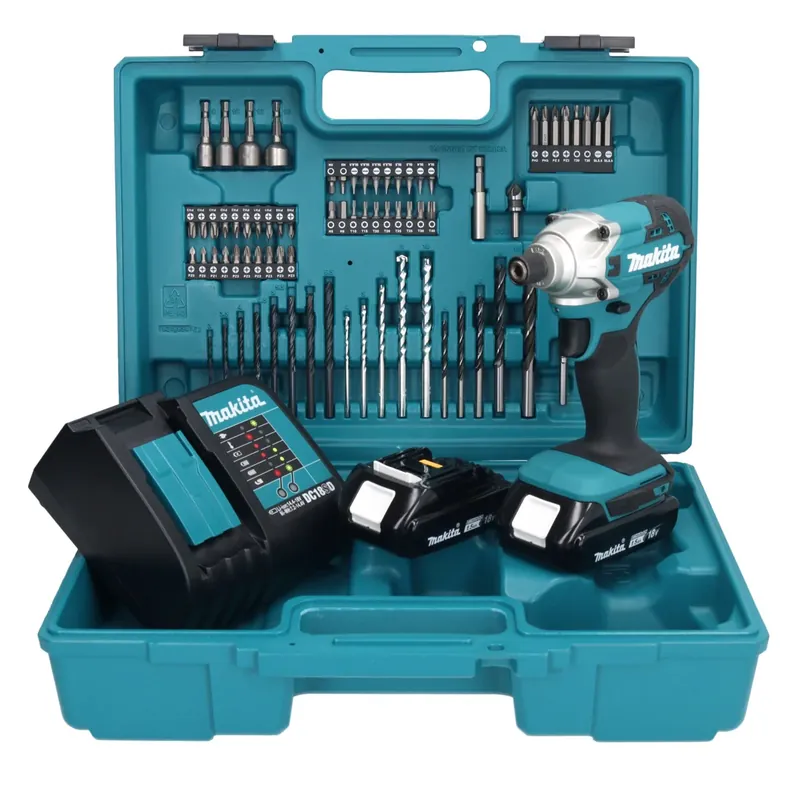 Makita DTD 156 SYX1 Akku Schlagschrauber 18 V 155 Nm 1/4" + 2x Akku 1,5 Ah + Ladegerät + 74 tlg. Zubehörset + Koffer Heißes Angebot