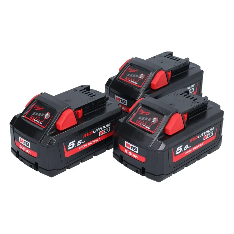 Kracherpreis Milwaukee M18 HB 5,5 Akku Set 3x 18 V 5,5 Ah / 5500 mAh Li-Ion High Output ( 3x 4932464712 ) mit Ladestandsanzeige