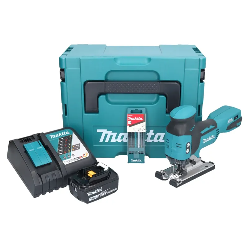 Makita DJV 181 RF1J Akku Stichsäge 18 V Brushless + 1x Akku 3,0 Ah + Ladegerät + 5 tlg. Stichsägeblatt Set + Makpac Top-Seller