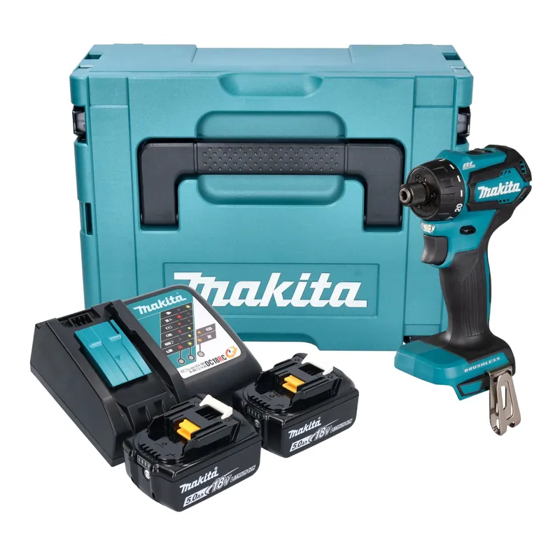 Makita DDF 083 RTJ Akku Bohrschrauber 18 V 40 Nm 1/4'' Brushless + 2x Akku 5,0 Ah + Ladegerät + Makpac Begrenztes Angebot