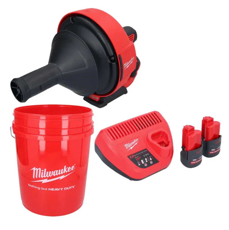 Sonderaktion Milwaukee M12 BDC6-252C Akku Rohrreinigungsgerät 12 V + 2x Akku 2,5 Ah + Ladegerät + Spirale + Eimer