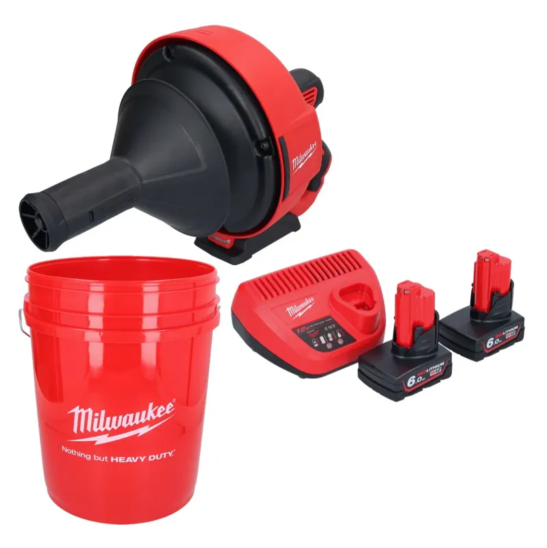 Ausverkauf Milwaukee M12 BDC6-602C Akku Rohrreinigungsgerät 12 V + 2x Akku 6,0 Ah + Ladegerät + Spirale + Eimer