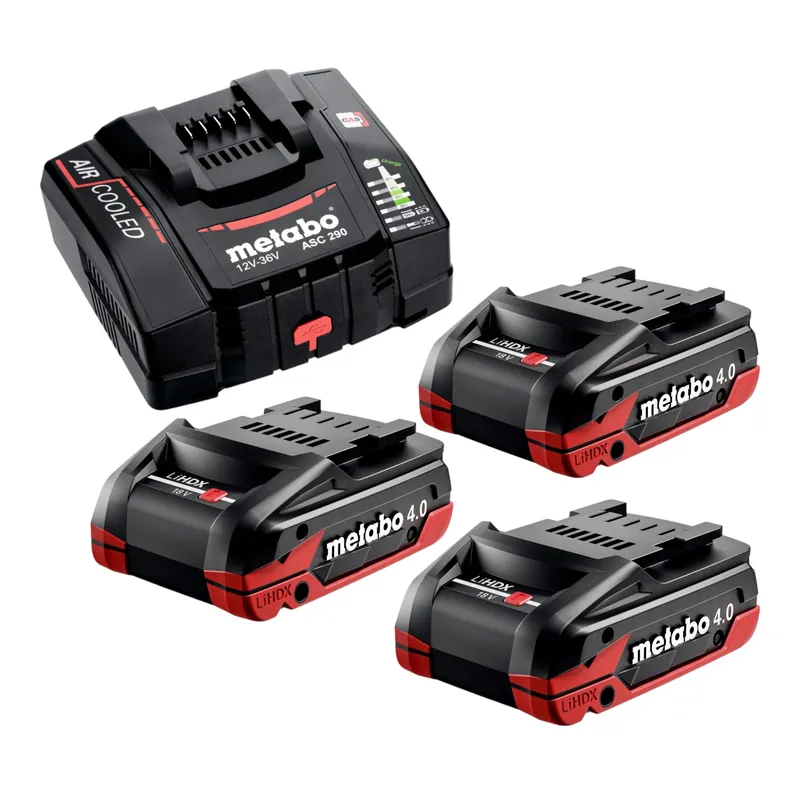 Begrenztes Angebot Metabo Basis Set 3x LiHDX Akkupack 18 V 4,0 Ah Akku ( 3x 624974000 ) + ASC 290 Ladegerät ( 627370000 )