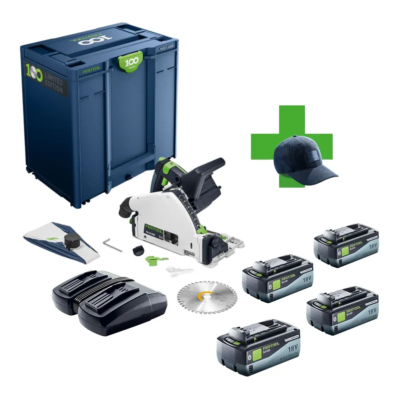 Preisreduziert Festool TSC 55 KEB-Basic 100Y Limited Edition Akku Tauchsäge 18 / 36 V ( 2x 18 V ) 160 mm Brushless + 4x Akku 8,0 Ah + Ladegerät + Systainer