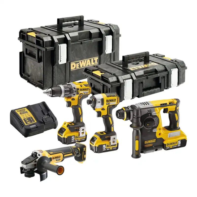 DeWalt DCK 422 P3T Akku Combo Kit 18 V DCD 796 Schlagbohrschrauber + DCF 887 Schlagschrauber + DCG 405 Winkelschleifer + DCH 273 Kombihammer + 3x Akku 5,0 Ah + Ladegerät + 2x TSTAK Highlight