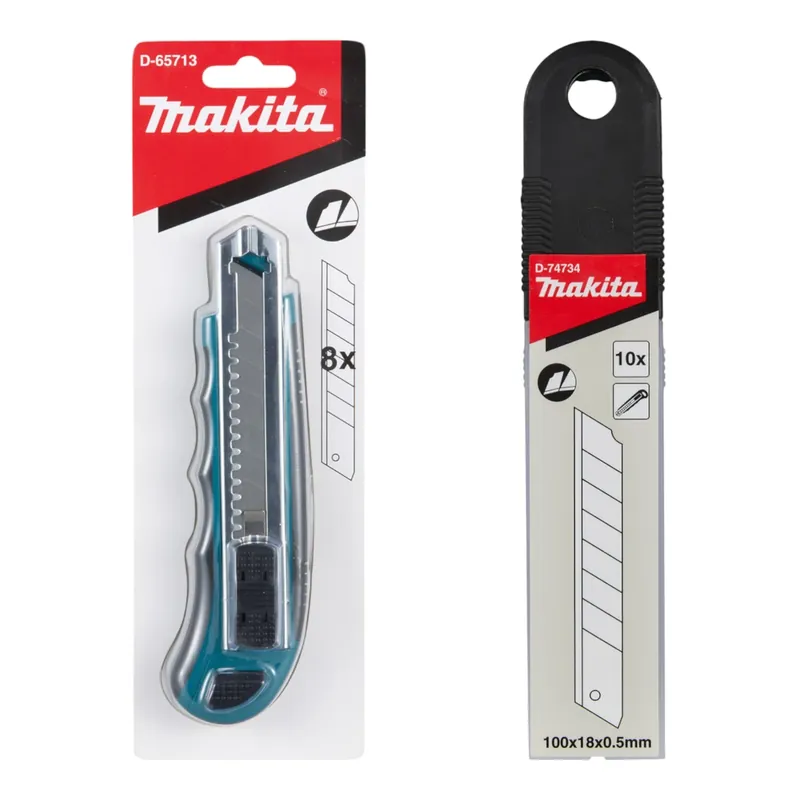 Kracherpreis Makita Abbrechklingenmesser Cuttermesser 100 mm + 8x Ersatzklingen ( D-65713 ) + 10 tlg. Abbrechklingen Satz ( D-74734 )