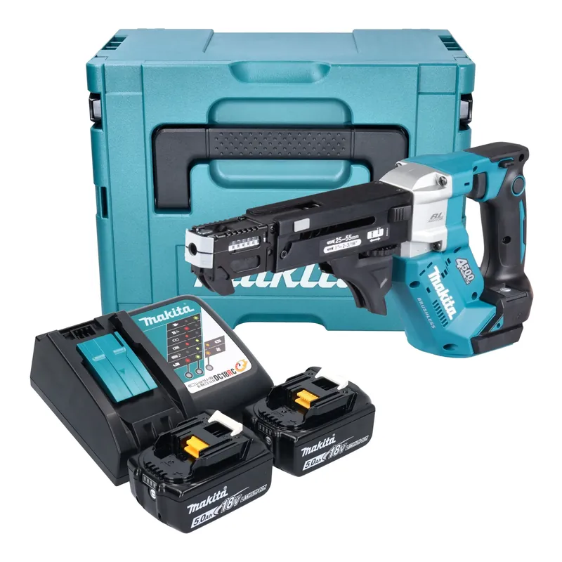 Makita DFR 552 RTJ Akku Magazinschrauber 18 V 25 - 55 mm Brushless + 2x Akku 5,0 Ah + Ladegerät + Makpac Neue Ware