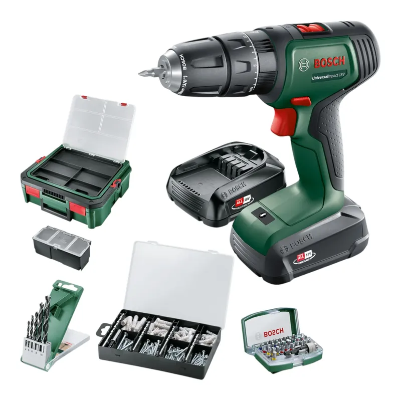 Mega-Angebot Bosch Universal Impact Akku Schlagbohrschrauber 18 V 34 Nm ( 06039D4107 ) + 2 x Akku 1,5 Ah + Ladegerät + Bit Set + Dübel Set + Box