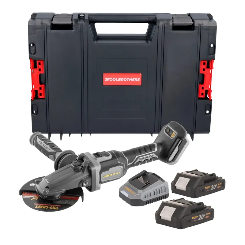 Procraft Industrial AG125Cbb Akku Flachkopf Winkelschleifer 20 V 125 mm Brushless + 2x Akku 2,0 Ah + Ladegerät + RHINO Toolcase Super-Preis