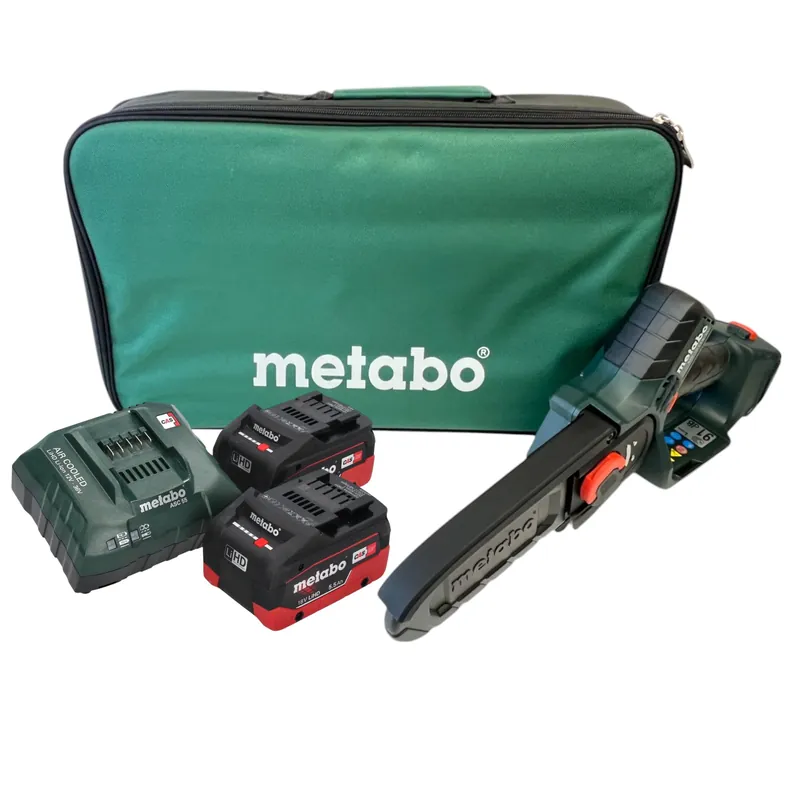 Abverkauf Metabo MS 18 LTX 15 Akku Gehölzsäge 18 V 15 cm 5 m/s + 2x LiHD Akku 5,5 Ah + Ladegerät + Tasche
