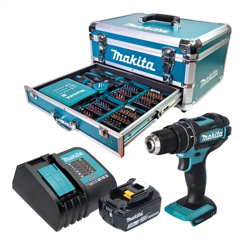 Makita DHP 482 SF1X9 Akku Schlagbohrschrauber 18 V 62 Nm + 1x Akku 3,0 Ah + Ladegerät + 96 tlg. Zubehör Set + Koffer Top-Preis