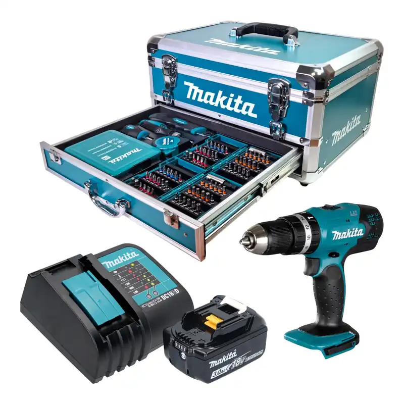 Makita DHP 453 SF1X9 Akku Schlagbohrschrauber 18 V 42 Nm + 1x Akku 3,0 Ah + Ladegerät + 96 tlg. Zubehör Set + Koffer Direktkauf