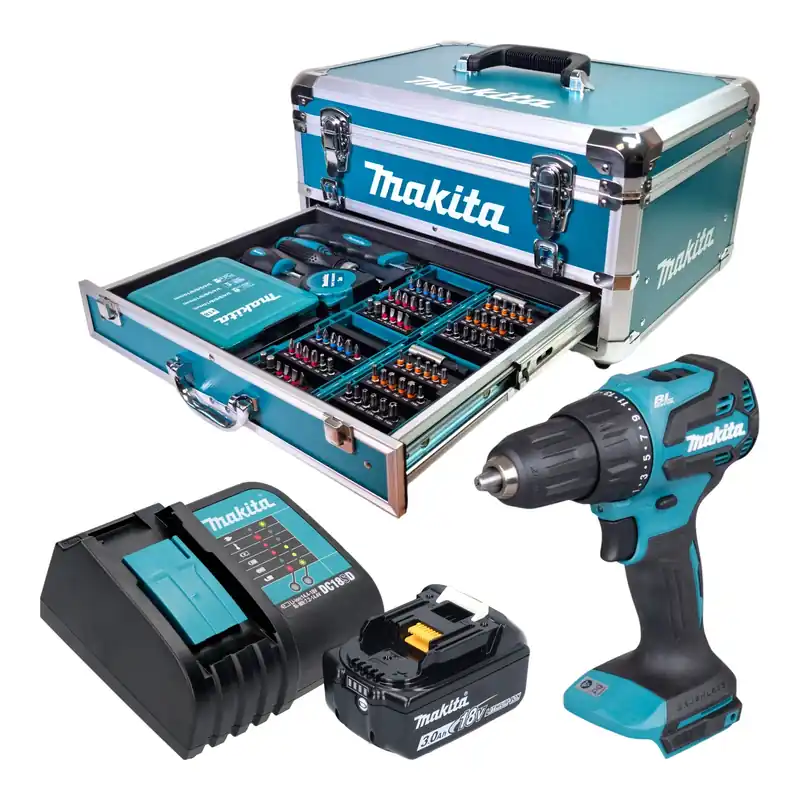 Makita DHP 490 SF1X9 Akku Schlagbohrschrauber 18 V 65 Nm Brushless + 1x Akku 3,0 Ah + Ladegerät + 96 tlg. Zubehör Set + Koffer Wochenendangebot