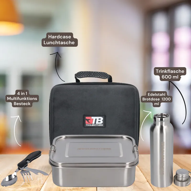 Super-Preis Toolbrothers Fan Lunchpaket in Hardcase Tragetasche Lunchtasche Wasserdicht mit Edelstahl Brotdose mit Trennfächern und Edelstahldeckel 1200 ml + Edelstahl Trinkflasche 600 ml + 4 in 1 Multifunktions Besteck