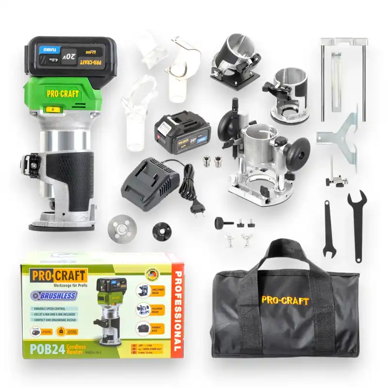 Procraft POB24-1B-F Akku Multifunktionsfräse 20 V 6 / 8 mm Brushless + 1x Akku 4,0 Ah + Ladegerät + 3-in-1 Zubehör + Tasche Direktkauf