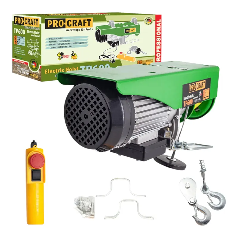 Geprüft Procraft TP600 elektrische Seilwinde Seilzug 1200 W 6 mm Tragfähigkeit ohne/mit Umlenkrolle 300/600 kg Hubhöhe 12/6 m