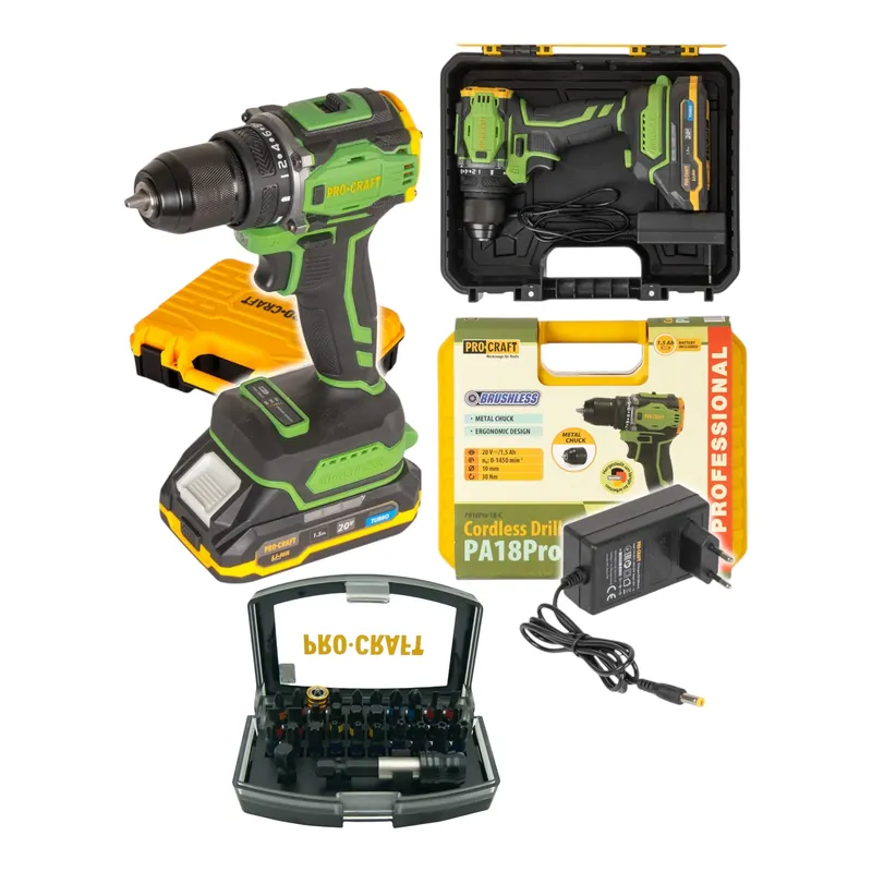 Solange Der Vorrat Reicht Procraft PA18Pro Akku Bohrschrauber 20 V 30 Nm Brushless + 1x Akku 1,5 Ah + Ladegerät + 32 tlg. Bit Set + Koffer