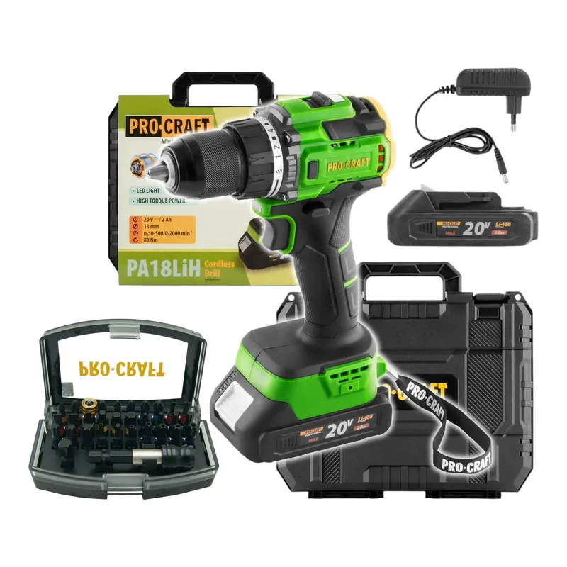 Procraft PA18LiH-1B-C Akku Bohrschrauber 20 V 80 Nm Brushless + 1x Akku 2,0 Ah + Ladegerät + 32 tlg. Bit Set + Koffer Top-Seller