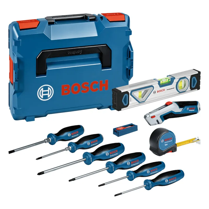 Super-Preis Bosch PRO Handwerkzeug Set 19 tlg. ( 0615990N2R ) Schraubendreher / Wasserwaage / Maßband / Messer / Klinge + L-Boxx