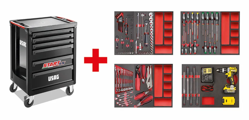 Preisreduziert Carrello Usag 516 START con assortimento MANUTENZIONE 113 pz con avvitatore DeWalt
