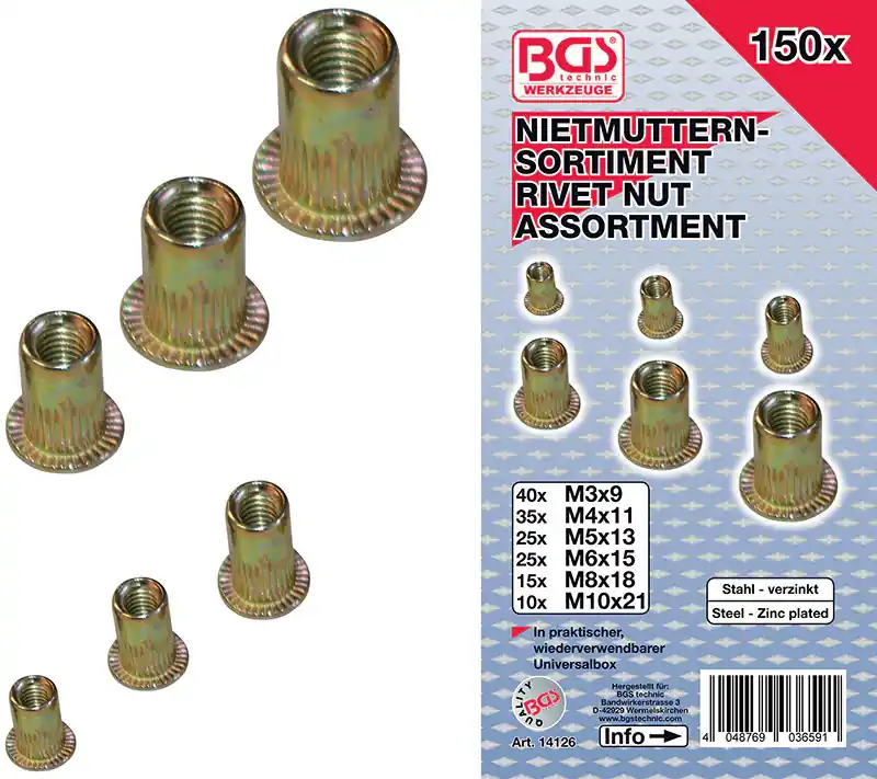ASSORTIMENTO 150 PZ, RIVETTI FILETTATI IN ACCIAIO GALVANIZZATO BGS14126 Direktkauf