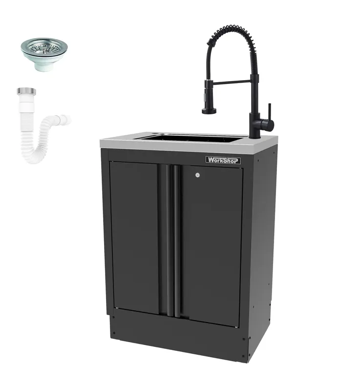 Mobile Officina Workshopitaly MPS con 2 antine e lavello inox Total Black completo di rubinetto e scarico Markenware