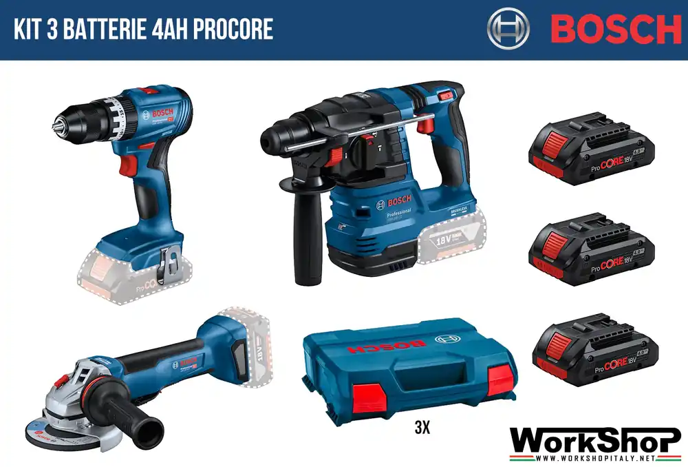 Jetzt Kaufen PROMO SET Trapano avvitatore GSB 18V-45 + Smerigliatrice GWS 18V-10 + Tassellatore GBH 18v-22 + 3 batterie 18v 4ah PROCORE Bosch Professional