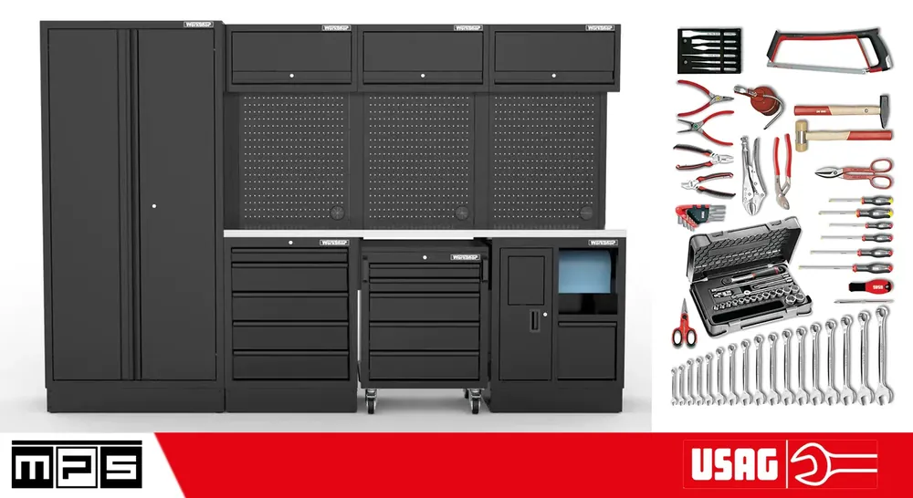 Arredo Officina Workshopitaly MPS 27 inox 3mt. Total Black + set 74 utensili Usag Ausverkauf