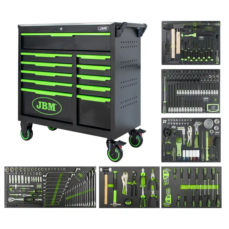 CARRELLO CON 11 CASSETTI VERDE - CON UTENSILI 332 PEZZI 54725 JBM Ausverkauf